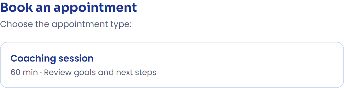 The public page shows the available appointment types.