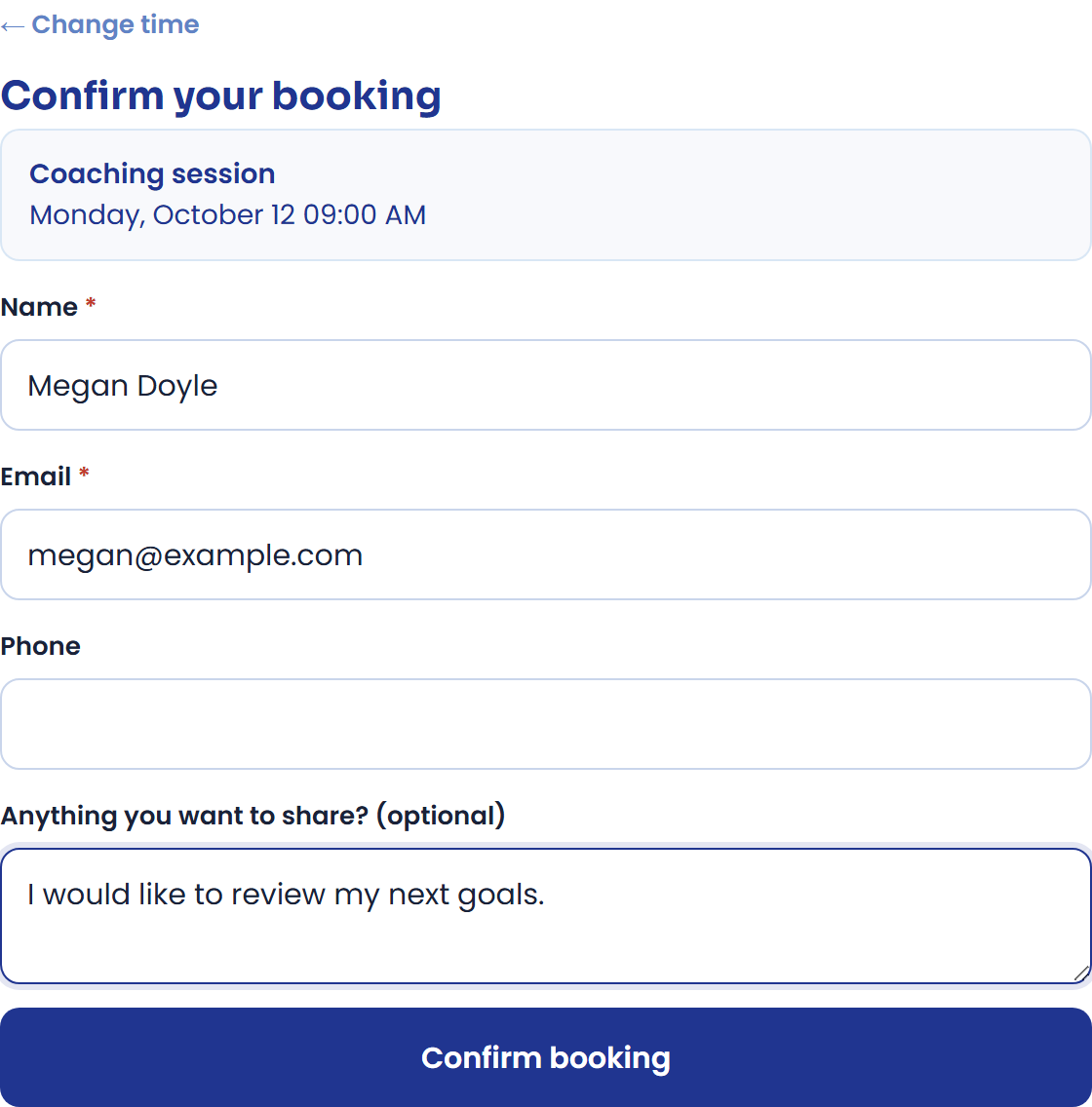 Example using fictional details for the person booking.