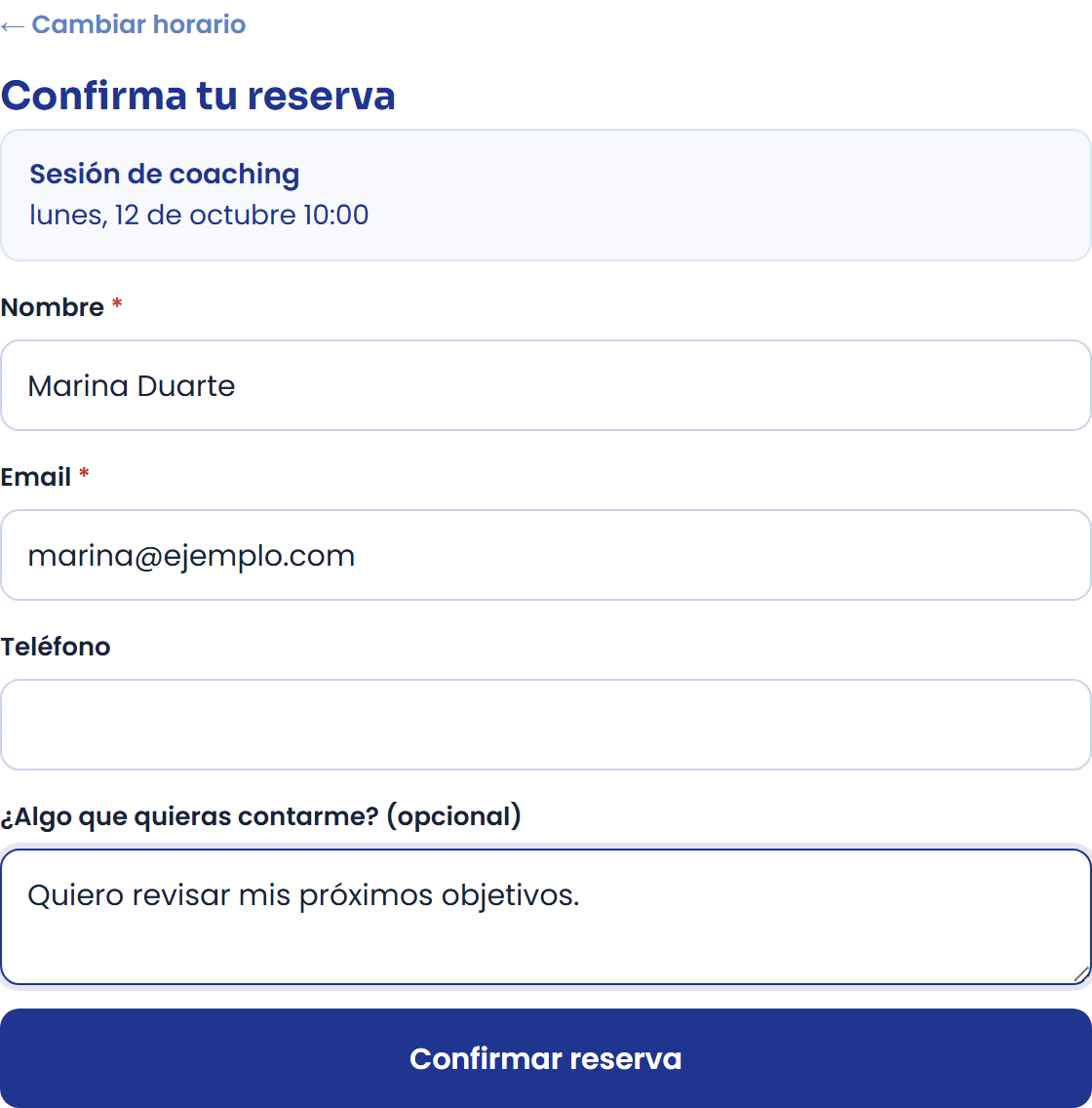 Ejemplo con datos ficticios de una persona que reserva.