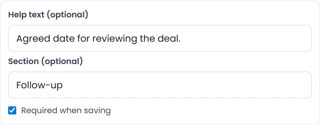 Set help text, section and required status