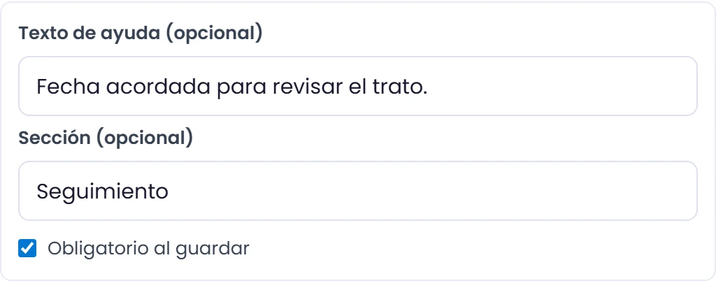 Configura ayuda, sección y obligatoriedad