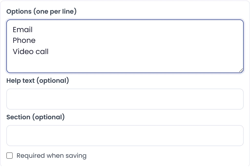 Define selection options