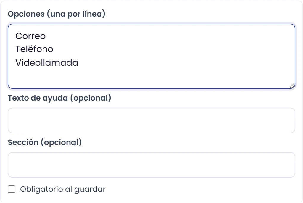 Define las opciones de selección
