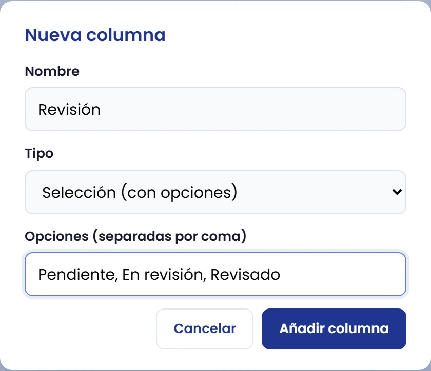 Define opciones de selección