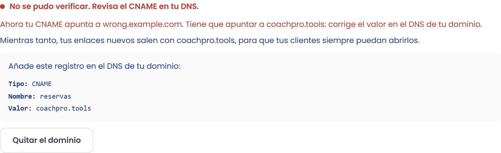 Si el dominio no resuelve o el destino es distinto