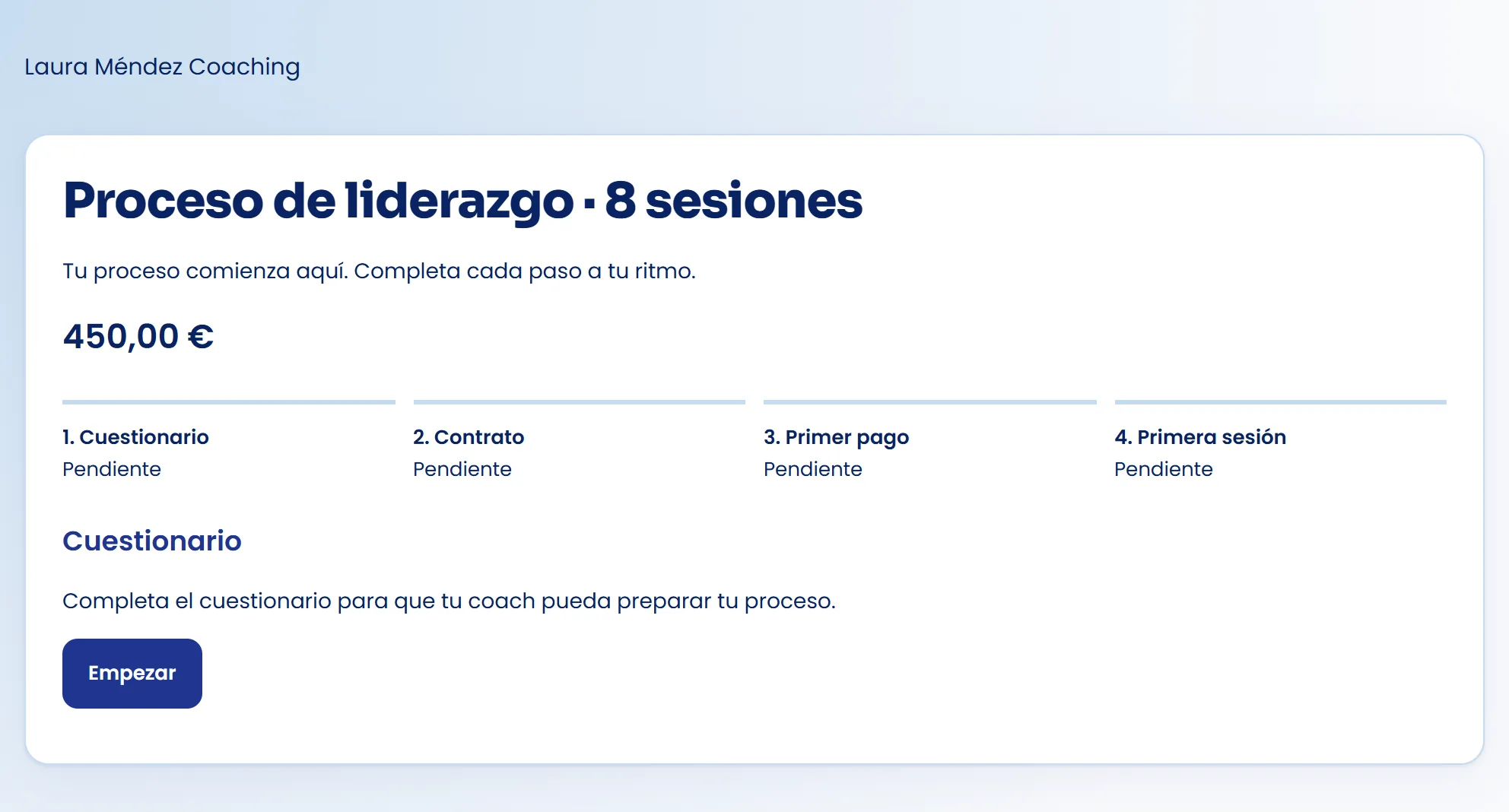 Página pública de la propuesta con los cuatro pasos y Empezar.