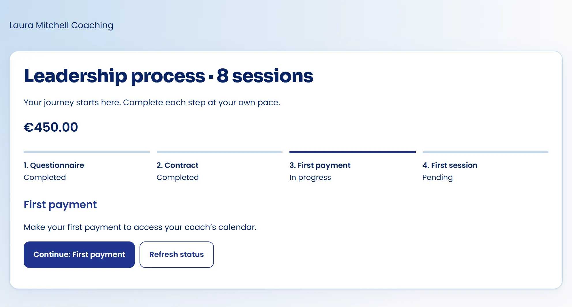 First payment page after signing, with the amount and Pay button.