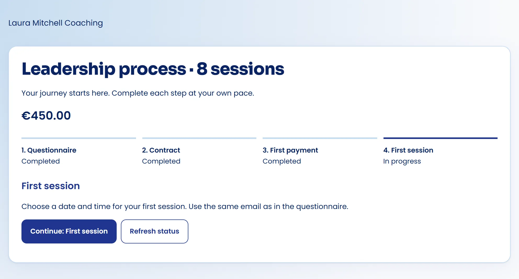 Payment received and Book your first session button.