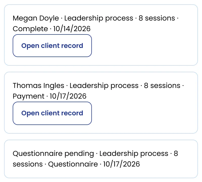 Enrollments at different steps, with Open client record where a client is linked.