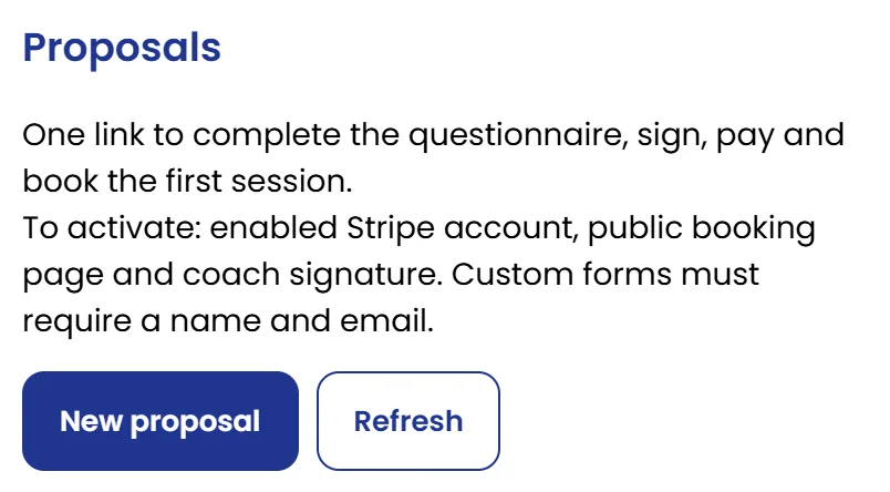 Proposals block with its requirements and New proposal button.