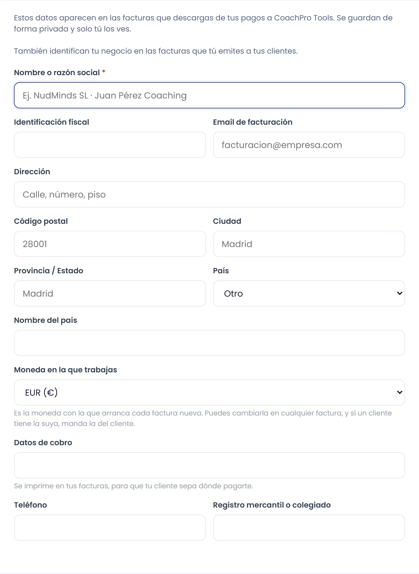 Completa los datos que correspondan