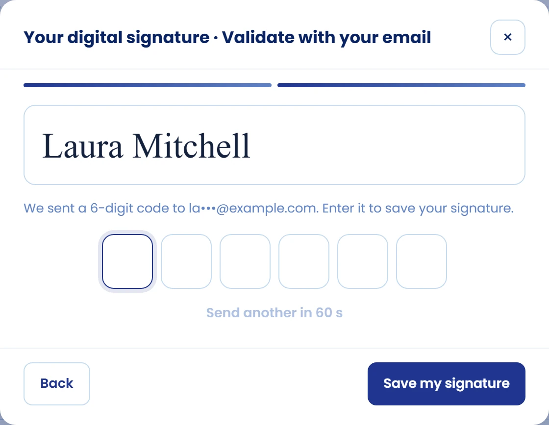 Enter the code and validate your signature