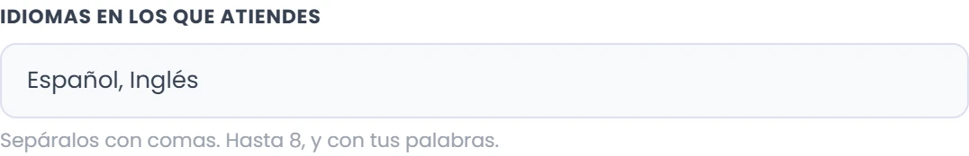 Indica idiomas y especialidades