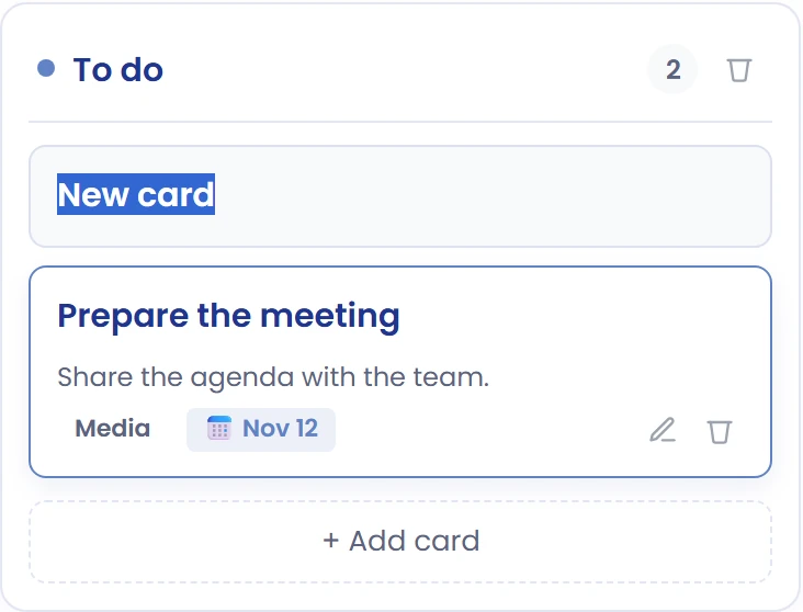 Add a card in the correct column