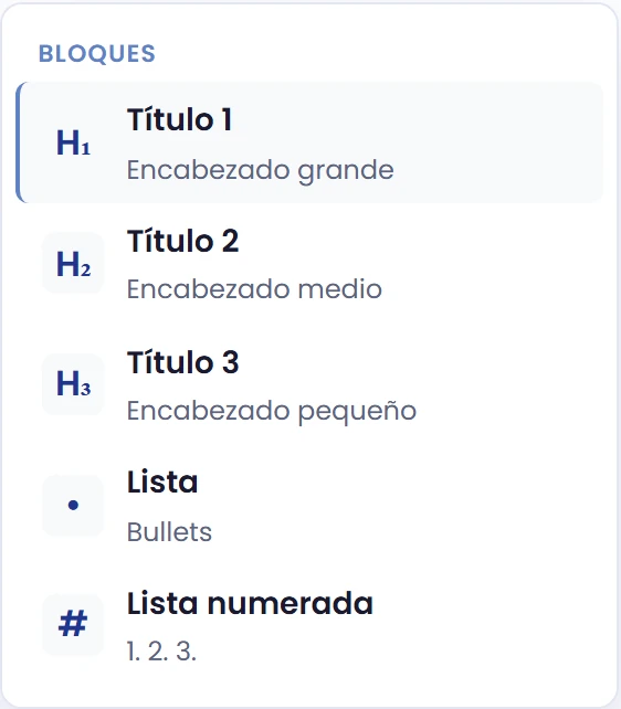 Inserta un bloque con el menú de barra