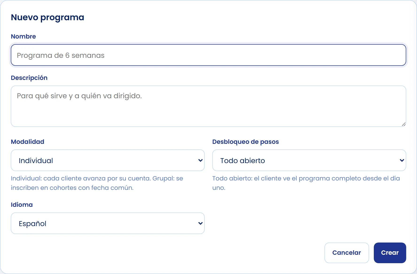 Define nombre, modalidad e idioma
