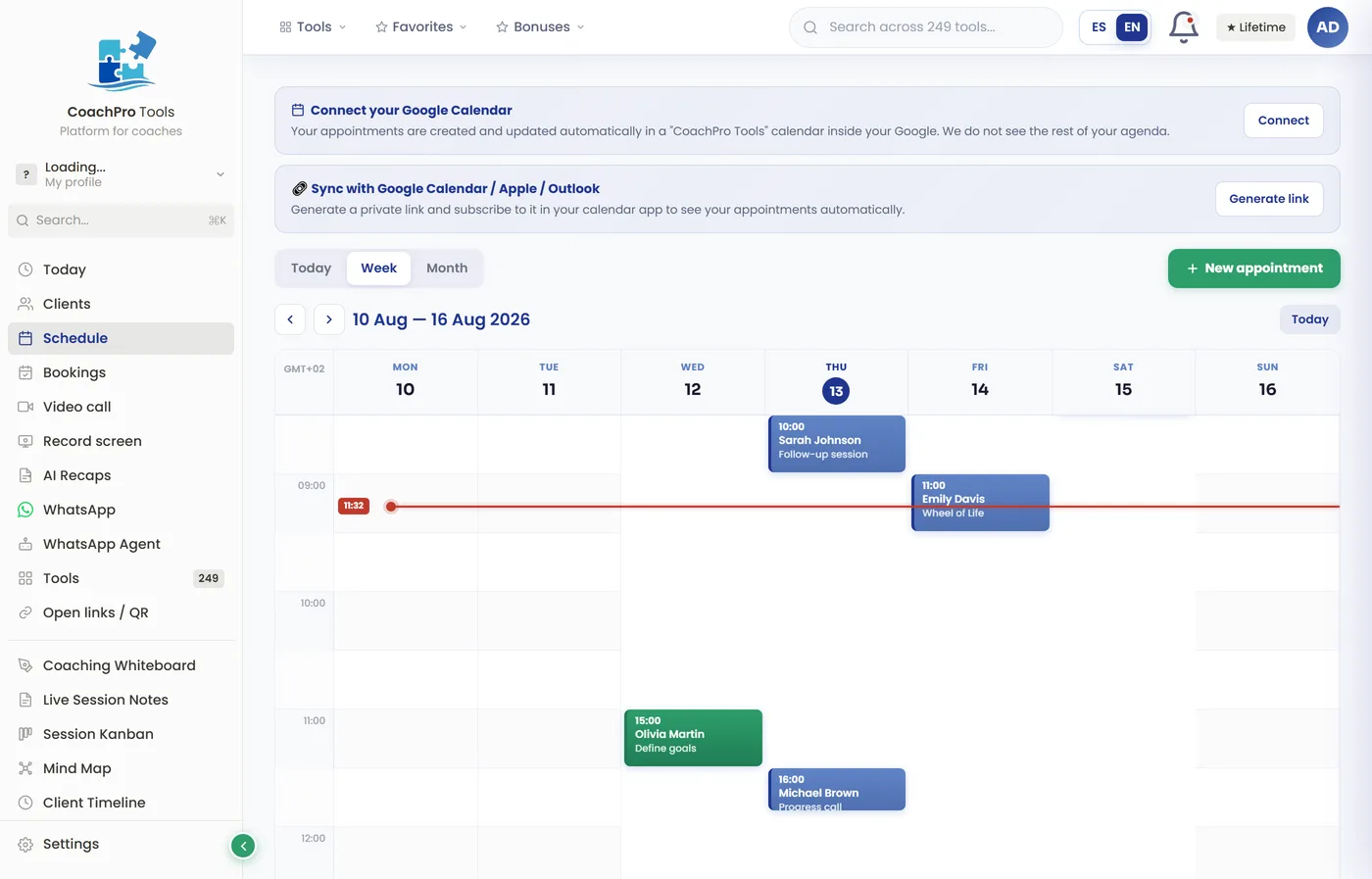 Calendar and bookings in CoachPro