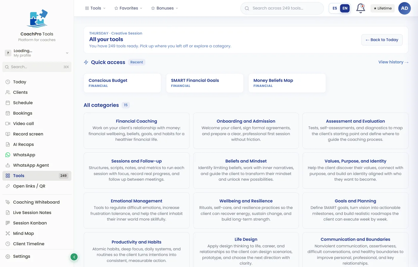 Catalog of 249 coaching tools across 15 categories